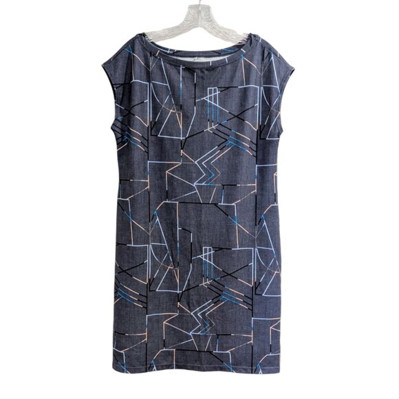 PRANA Sanna Jersey Dress M Dusky Blue Geometric Loose Fit Shift Style Cap Sleeve - Picture 4 of 12
